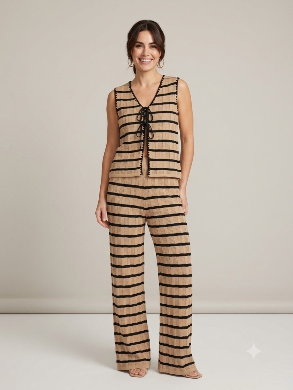 Striped Wide-Leg Knit Pants in Beige/Black